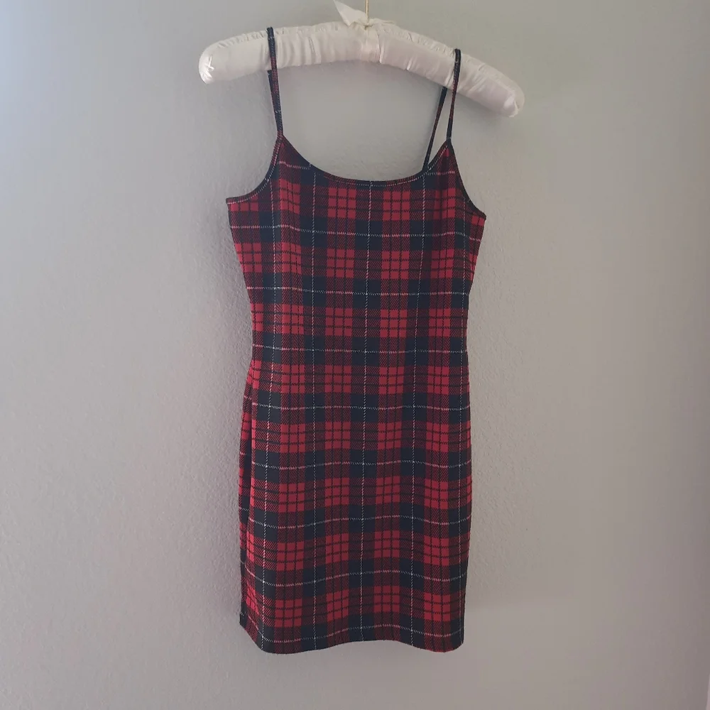 Derek Heart Bodycon Dress Women's Medium Red Plaid Scoop Neck Sleeveless* - Picture 2 of 11